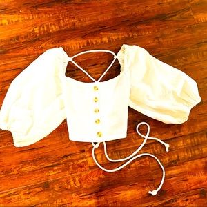 Billabong Woman Tie Up White Crop Top Shirt Puff Sleeve